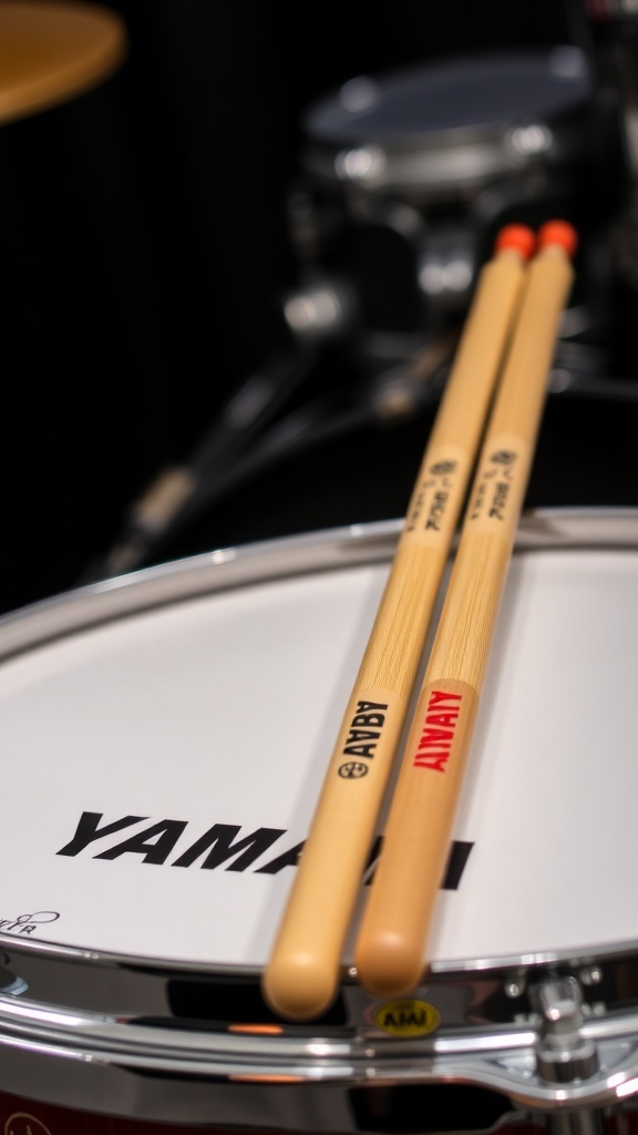 Yamaha drumsticks on a snare drum with a blurred drum kit in the background.